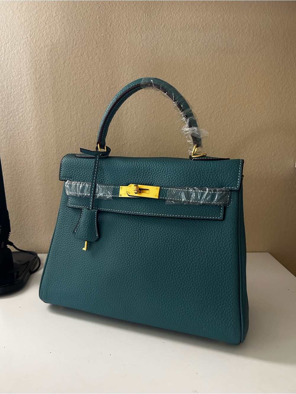 28cm Gold on Teal Top-Handle Pebbled Leather Satchel